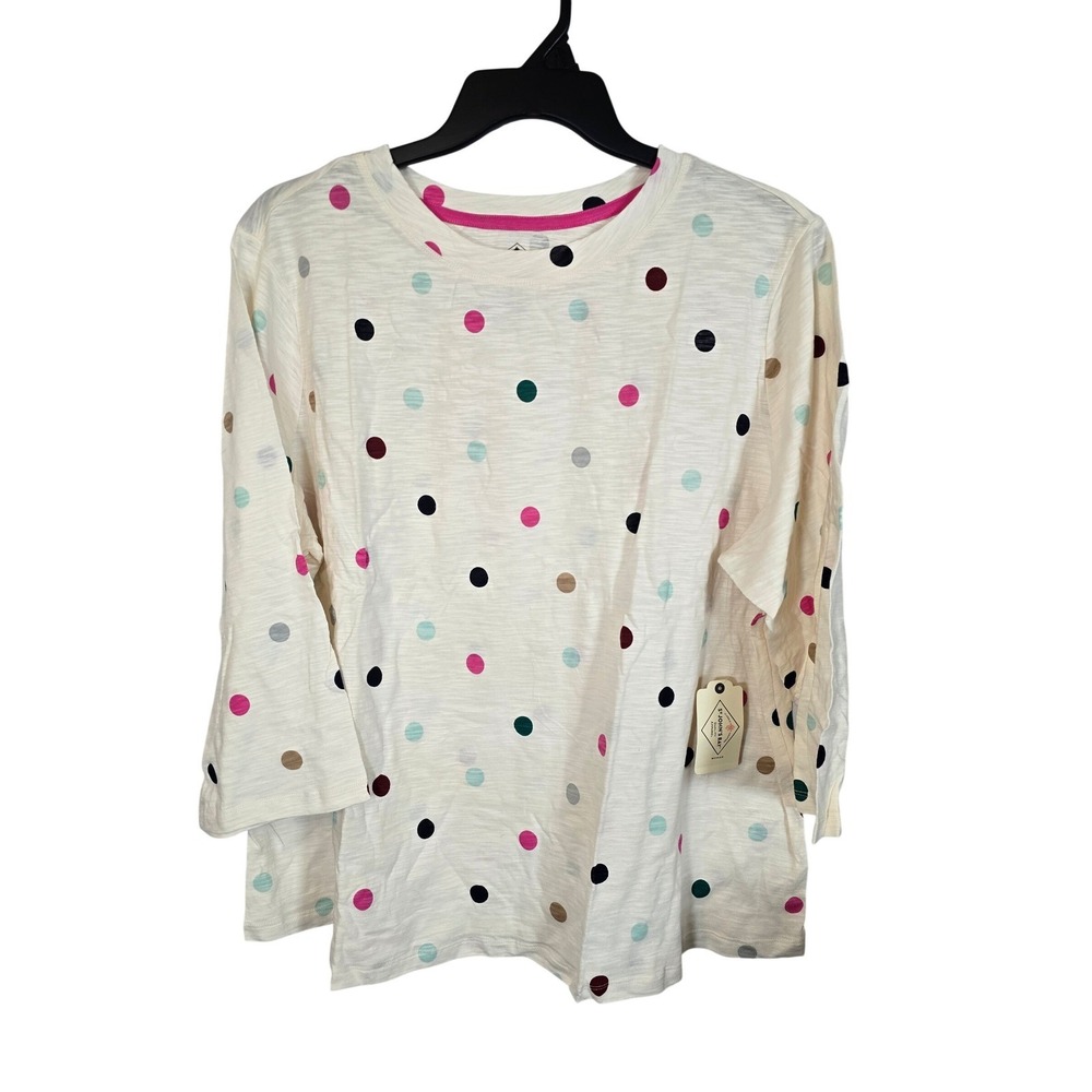 St Johns Bay Womens Plus 2X Multi Polka Dot 3/4 Sleeve Tee Shirt Cream - Picture 1 of 3